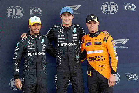 Lewis Hamilton, George Russell and Lando Norris